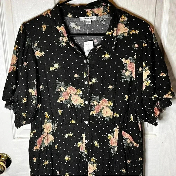 NWT American Eagle Polka Dot Floral Puff Sleeve Button Front Shirt Dress Size XL - Picture 2 of 6